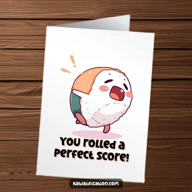Funny Free Printable Congrats Card: A startled sushi character hilariously executes a backflip, signifying a big win.