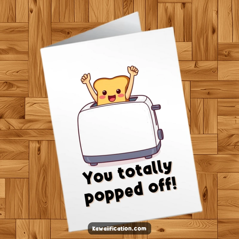 Free Printable Congratulations Card: A happy toast jumping out of a toaster, celebrating a win with raised arms, a downloadable.