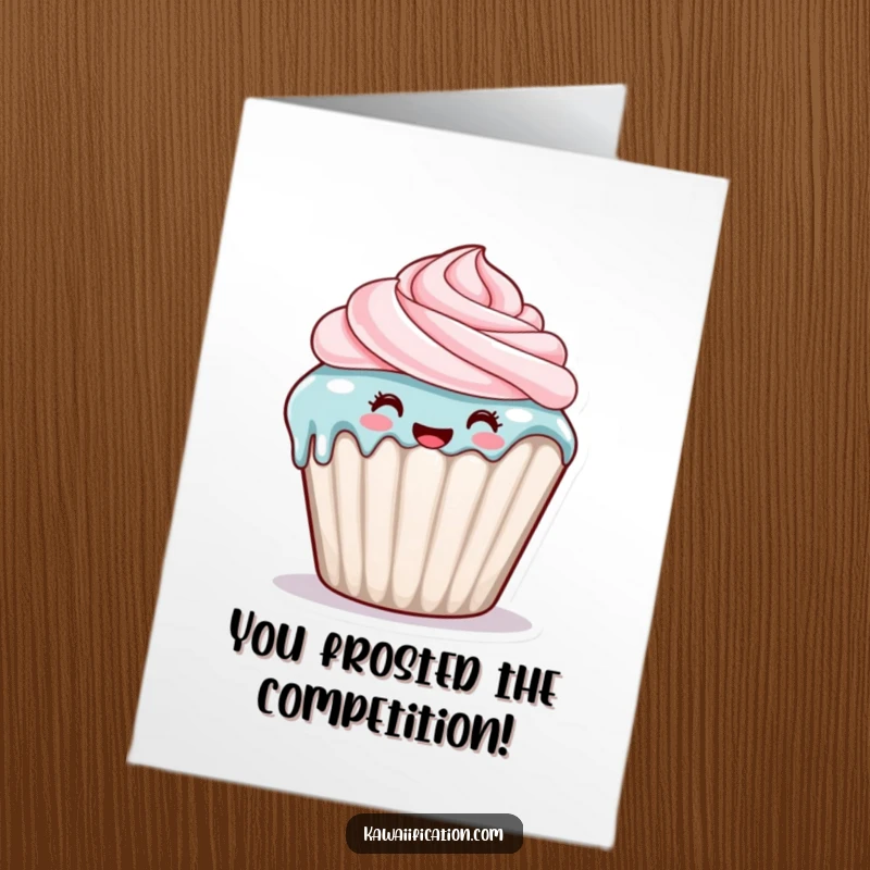 Funny Free Printable Congratulatory Card: A happy cupcake character with frosting dripping down its side, celebrating an achievement.