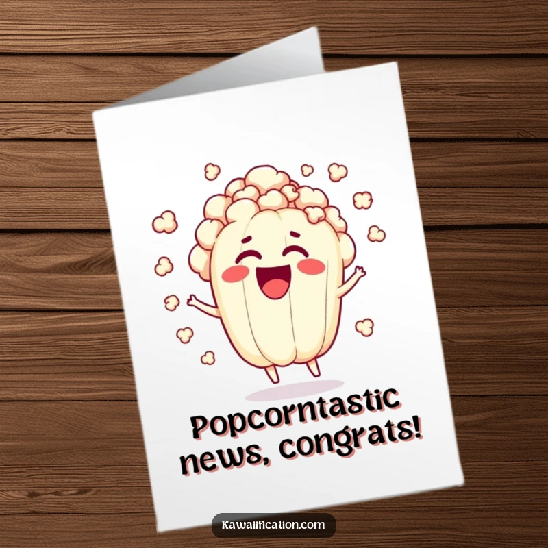 Funny Free Printable Congratulations Card showing a popcorn kernel character excitedly exploding with joy to mark a special occasion.