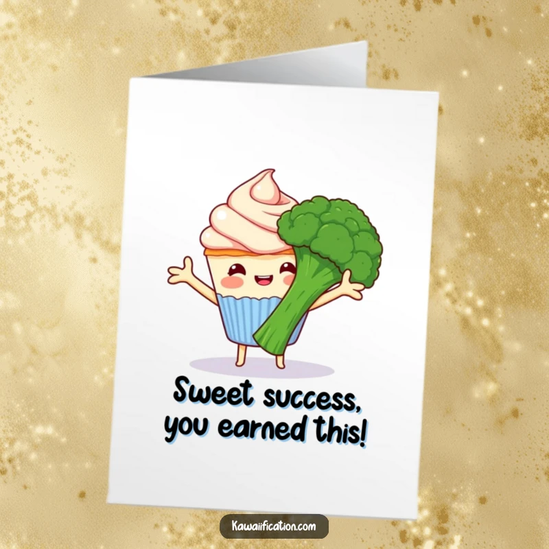Funny Free Printable Congrats Card: Happy cupcake with outstretched frosting arms trying to hug a grumpy broccoli, conveying congratulations humorously.