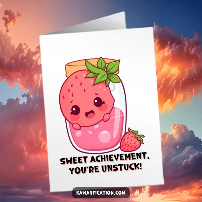 Funny Free Printable Congrats Card: Cheerful strawberry character surprised inside a jam jar, a funny way to congratulate.