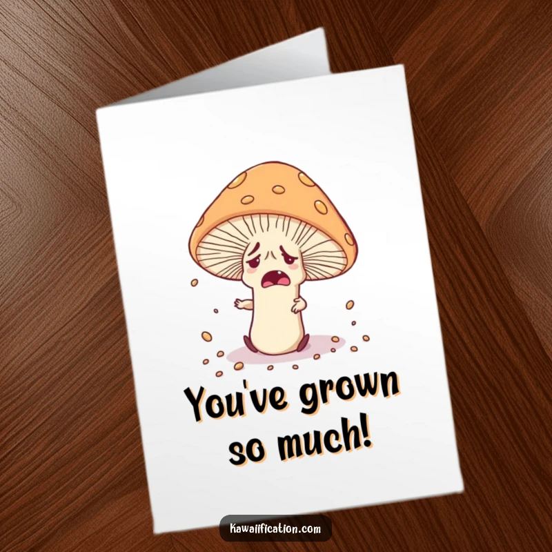 Funny Free Printable Congratulations card featuring a nervous mushroom character tripping, scattering spores.