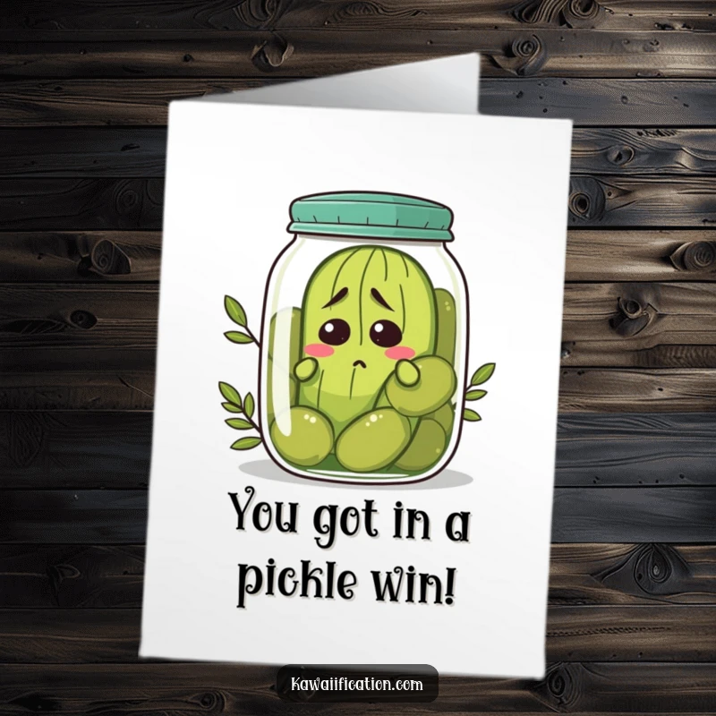 Funny Free Printable Congratulations Card: Nervous pickle hiding in an olive jar, offering funny well wishes.