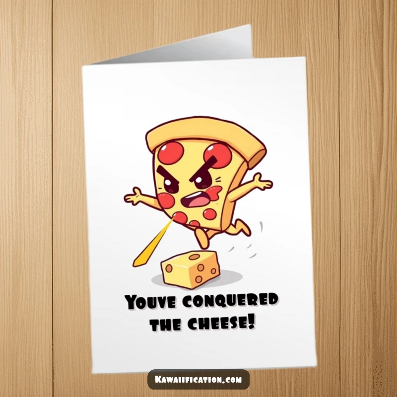 Bold free printable congratulations card of a determined pizza slice jumping over a cheese laser.