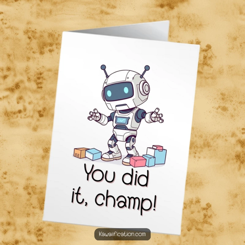 Funny free printable congratulations card showing a robot mid-dance, causing a supply disaster with a proud, oblivious grin.