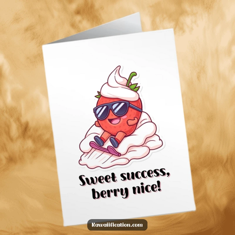 Free Printable congratulations card featuring a strawberry in sunglasses sliding down a whipped cream mountain.