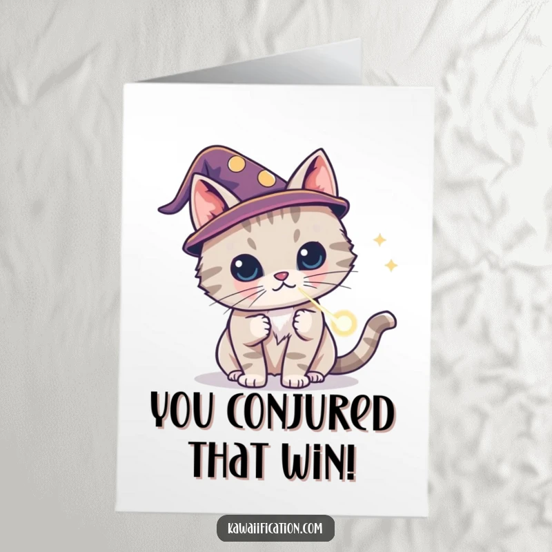 Funny Free Printable Congratulations Card: Cat wizard conjuring a laser dot, celebrating success with mystical charm.