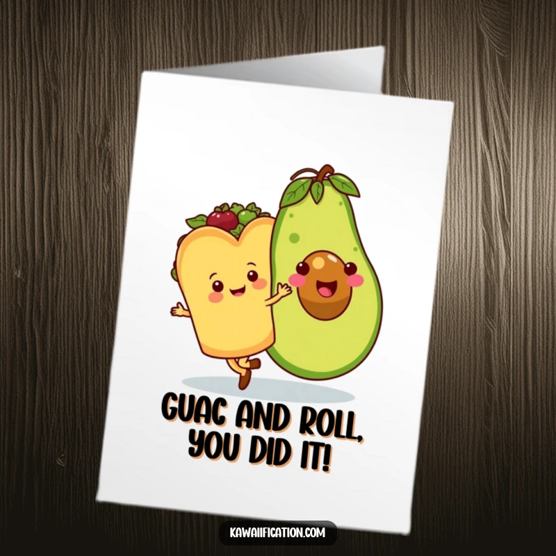 Funny Free Printable Congrats Card: Joyful taco and smiling avocado doing a celebratory waltz, perfect for any achievement.