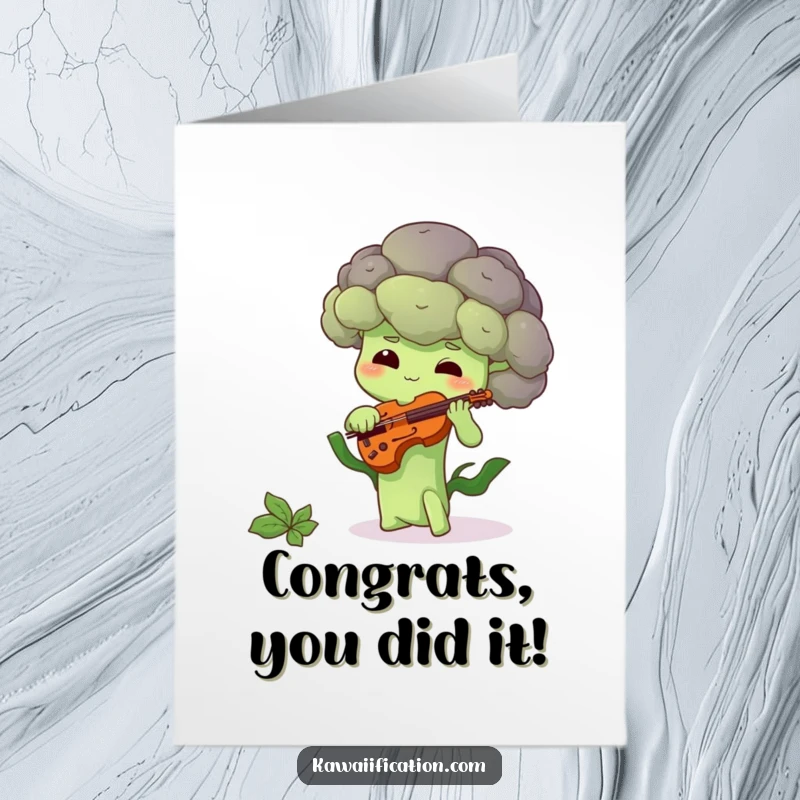 Funny Free Printable Congrats Card: Shy Broccoli Floret Plays a Tiny Violin with Gentle Melancholy