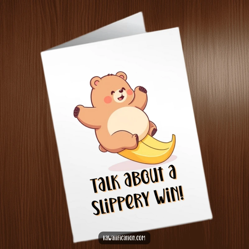 Funny Free Printable Congratulations Card: A plump bear hilariously losing its footing on a slippery banana peel.