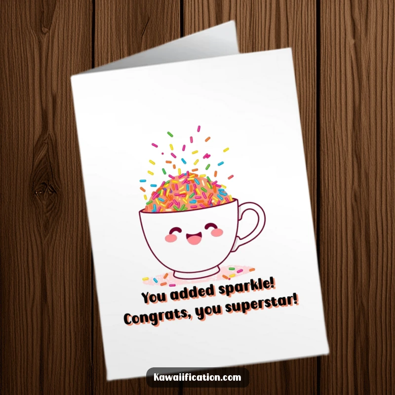 Funny free printable congratulations card showing a teacup brimming with colorful, joyful, dancing sprinkles for a big win.