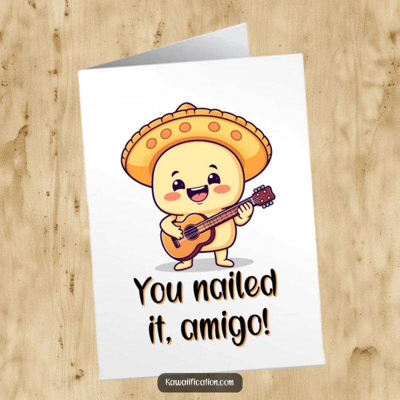 Free Printable congratulations card with a taco in a mariachi hat playing a guitar joyfully.