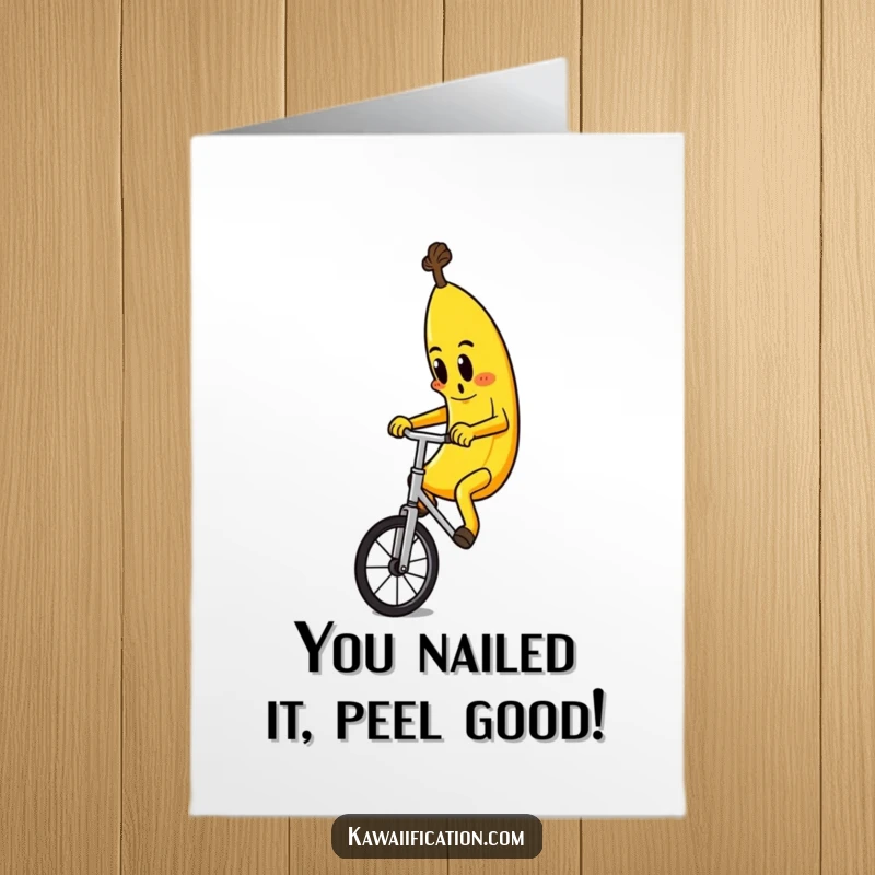 Funny Free Printable Congratulations Card: Determined banana heroically rides a unicycle to celebrate success, instantly downloadable.