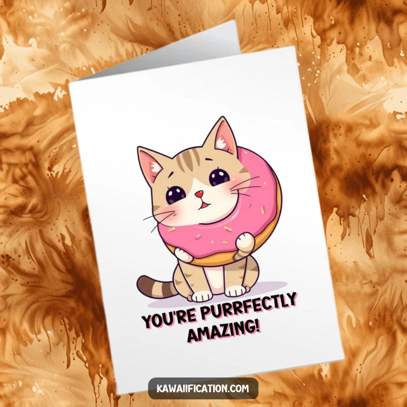 Funny Free Printable Congratulations card featuring a wobbly cat trying to balance a giant donut on its nose.