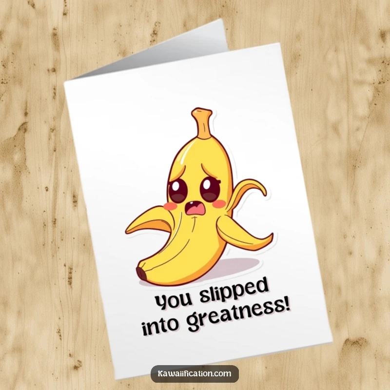 Funny Free Printable Congrats Card: Startled banana peel slipping, wide eyes, conveying surprise and congratulations, a hilarious downloadable.