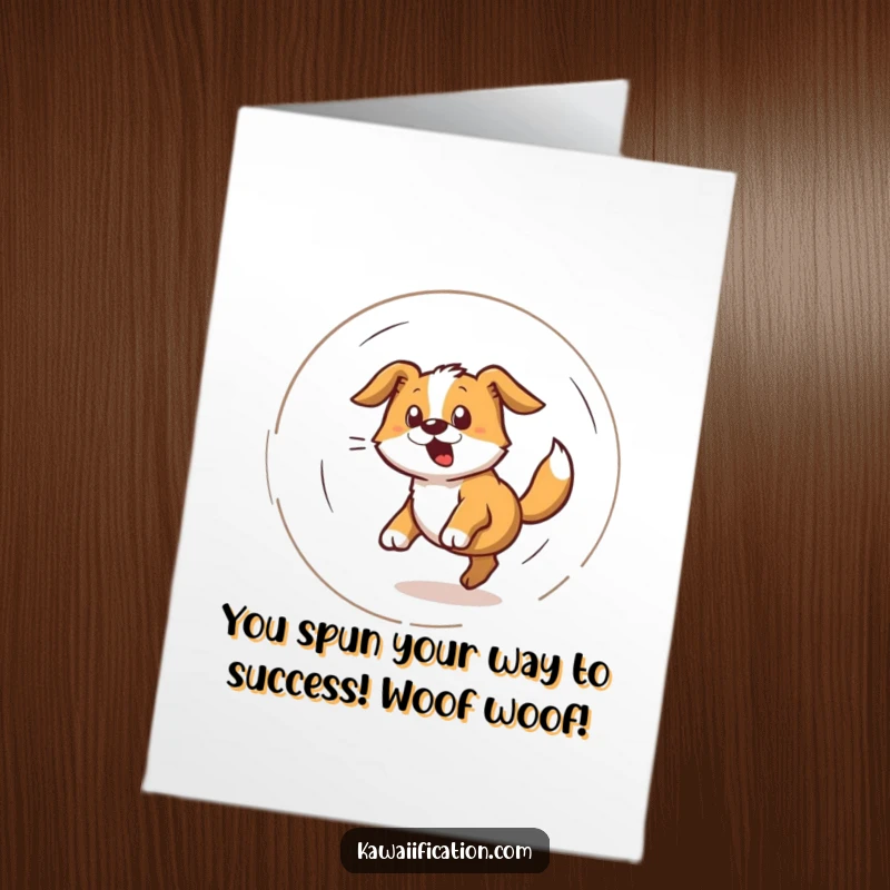 Funny free printable congratulations card of a dog caught in a dizzy spiral while chasing its tail in excitement.