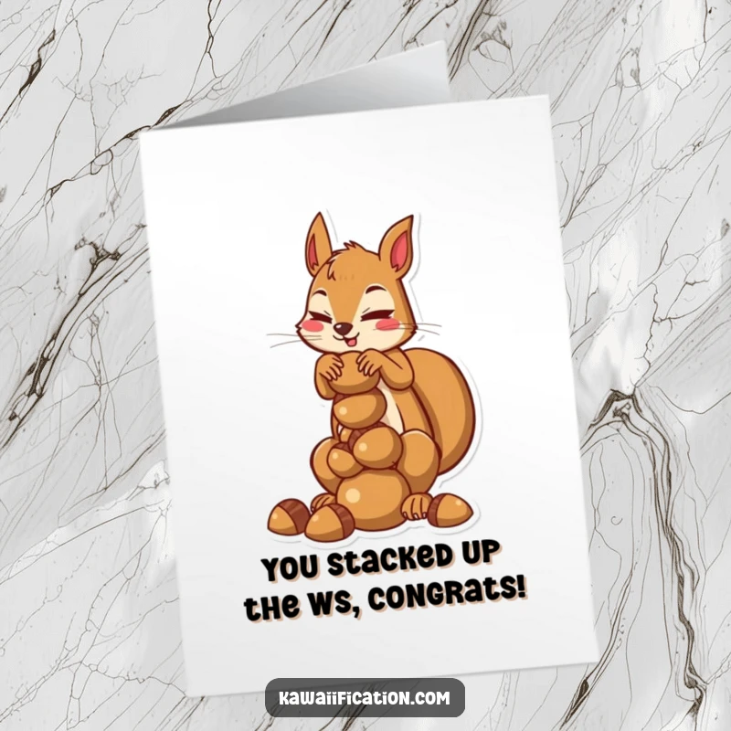 Funny free printable congratulations card featuring a determined squirrel balancing a tower of acorns, a unique downloadable.