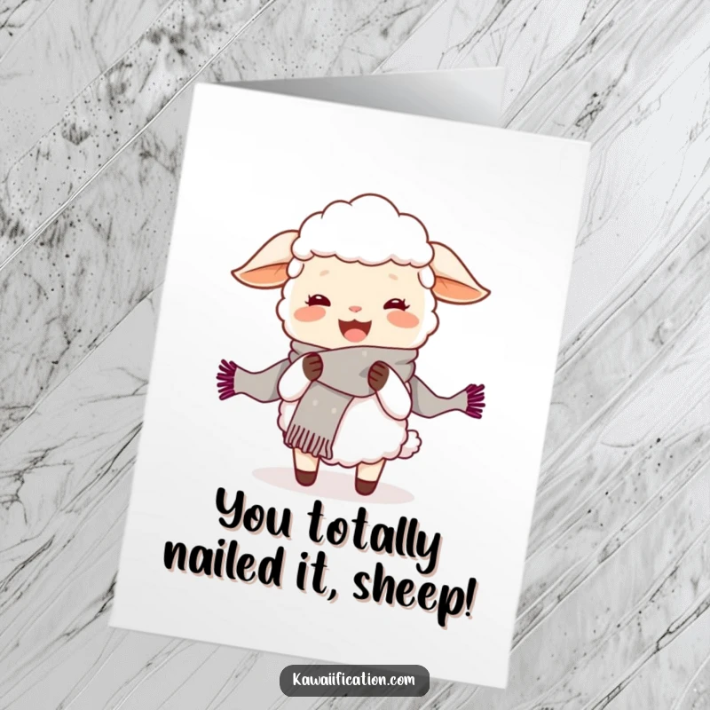 Funny free printable congratulations card showing a sheep humorously knitting an excessively long scarf, ideal for a downloadable gift.