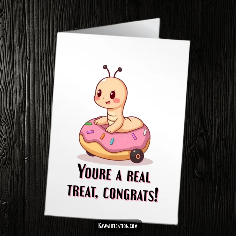 Funny free printable congratulations card featuring a playful worm trying to ride a rolling donut, a humorous downloadable.