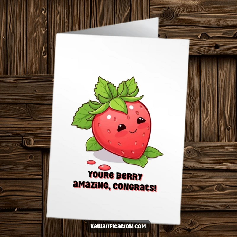 Funny Free Printable Congratulations Card showing a blushing strawberry hilariously tripping over its own leaves, celebrating with charm.