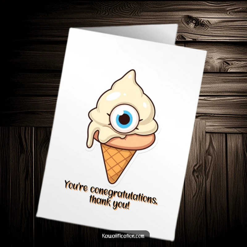 Funny Free Printable Thank You Card: A melting ice cream cone with a single giant eye, looking confused, a sweet and comical thank you.