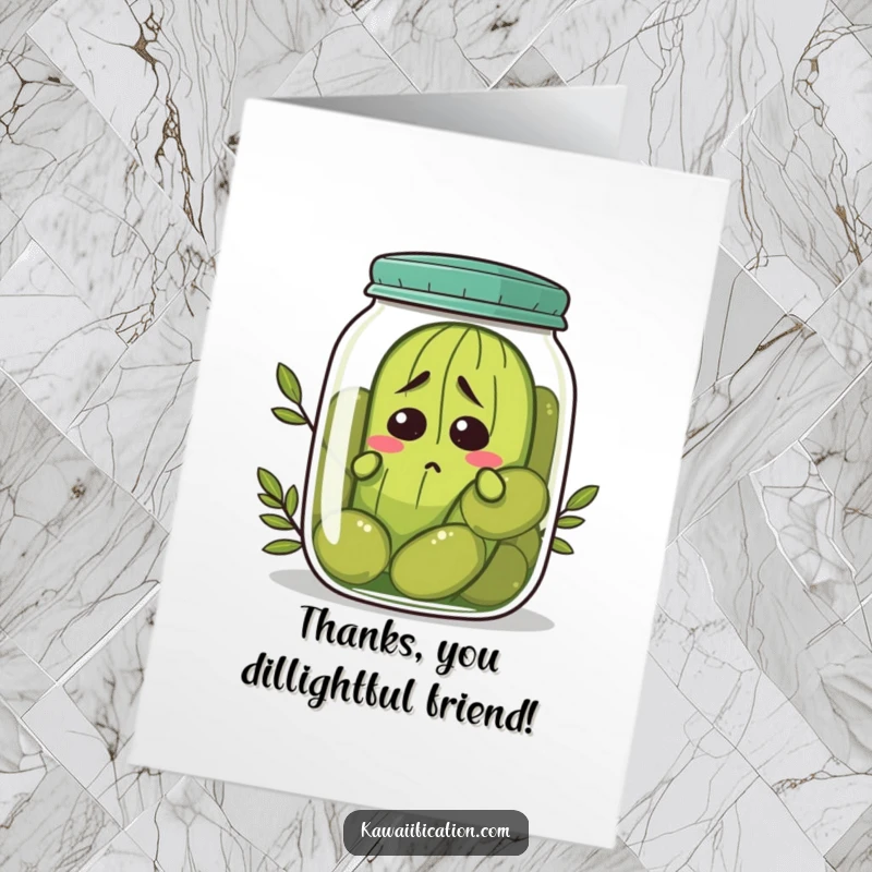Funny Free Printable Thank You Card: Nervous pickle hiding in an olive jar, expressing thanks in a unique way.