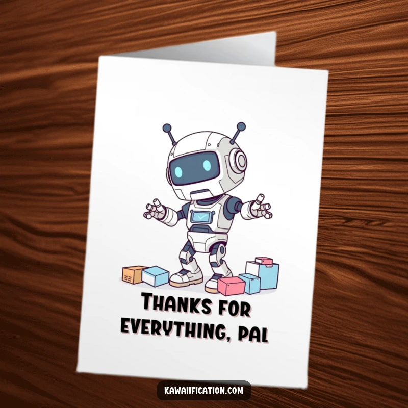 Funny free printable thank you card depicting a robot who has just tripped, sending supplies flying, yet looking pleased.
