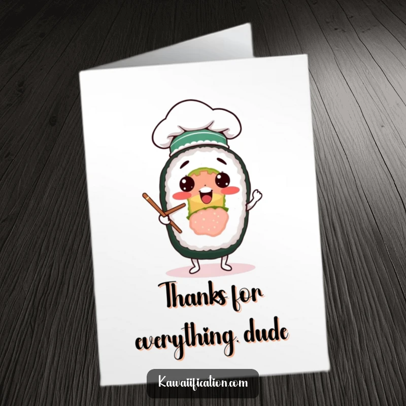 Funny Free Printable thank you card of a sushi roll chef attempting to juggle chopsticks.