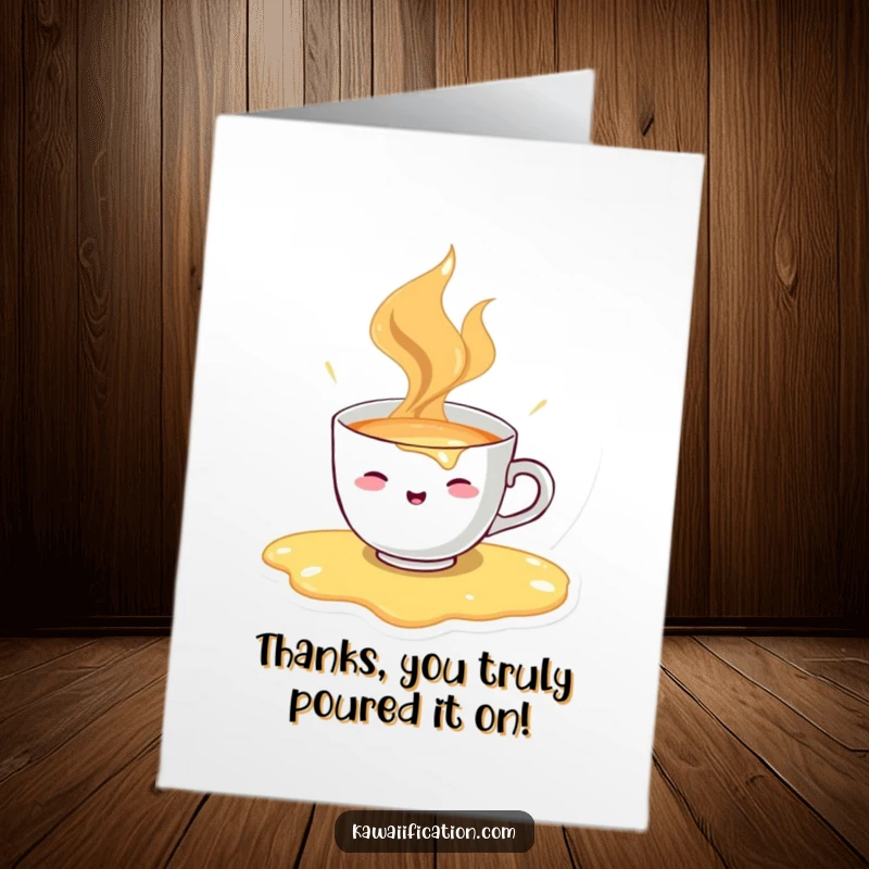 Funny free printable thank you card featuring a cheerful teacup character comically spilling its own hot liquid, a sweet downloadable.