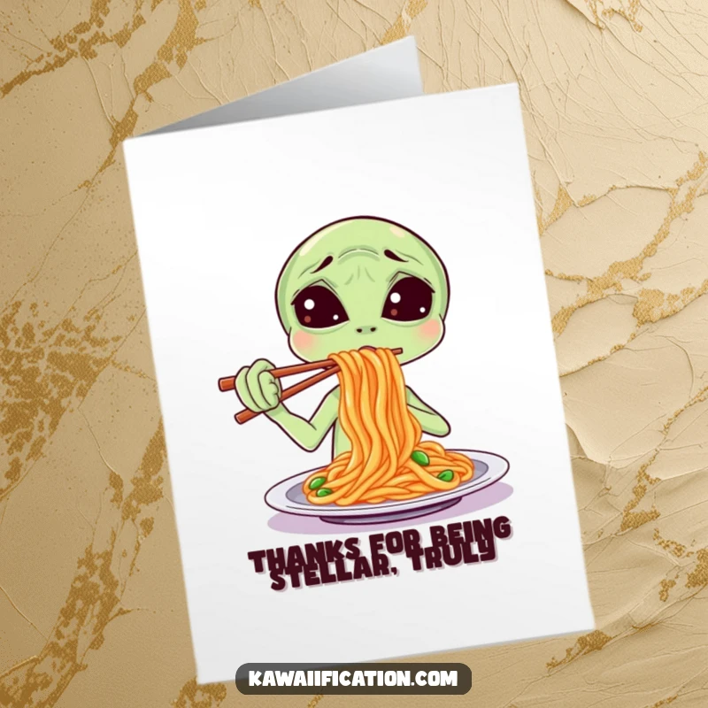 Funny Free Printable Thank You Card featuring a confused alien trying to navigate spaghetti with chopsticks.
