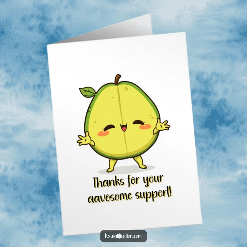 Funny Free Printable Thank You Card showing a silly avocado doing a split, expressing heartfelt thanks with a comedic flourish.