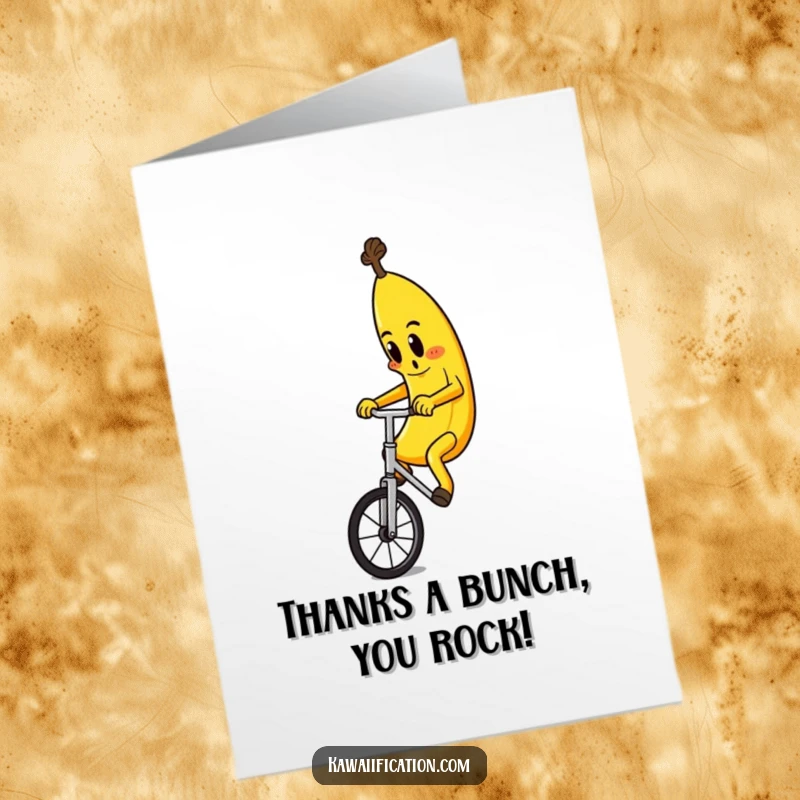 Funny Free Printable Thank You Card: Determined banana conquers a unicycle, expressing thanks with a humorous twist.