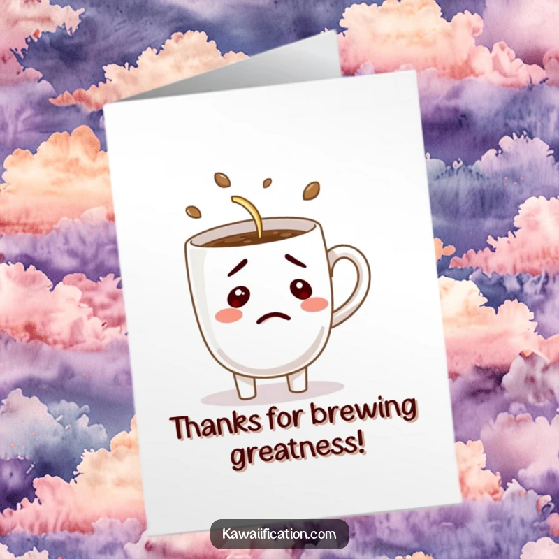 Funny Free Printable Thank You Card: A bewildered coffee cup struggles to pour itself, perfect for saying thanks.