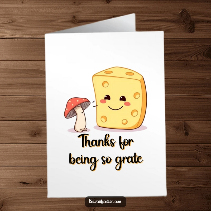 Funny Free Printable Thank You Card: A shy mushroom trying to wink at a large, smiling cheese, a sweet and humorous thank you.