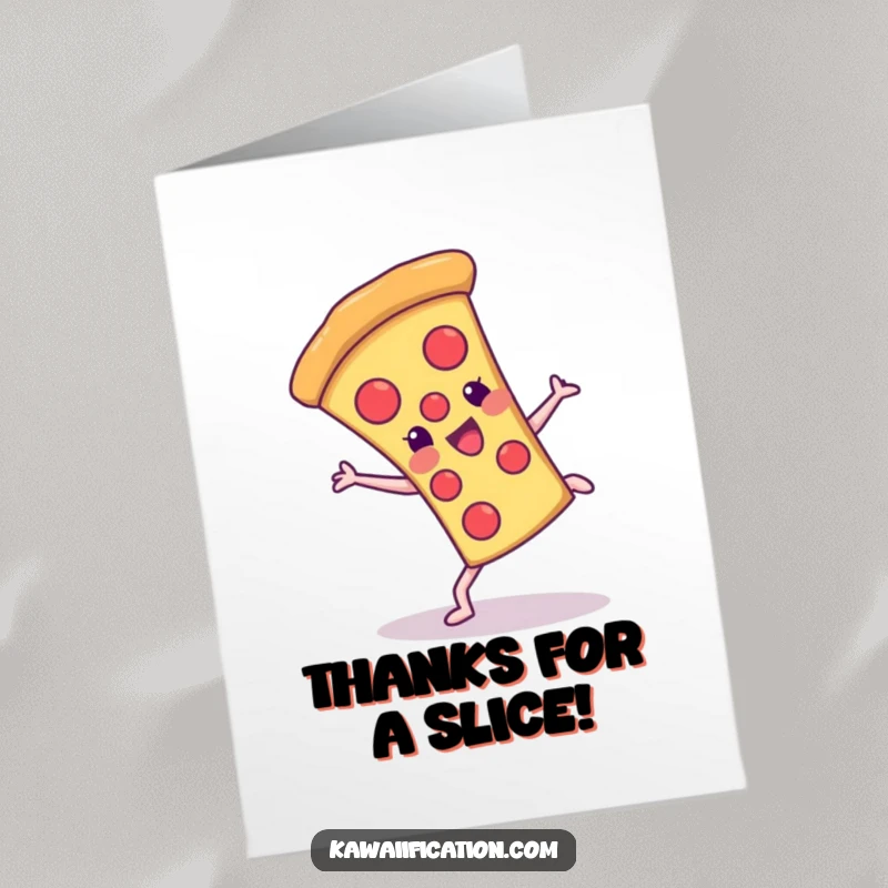 Funny Free Printable Thank You Card: A cheerful pizza slice does a cartwheel, humorously expressing thanks with a cheesy grin.