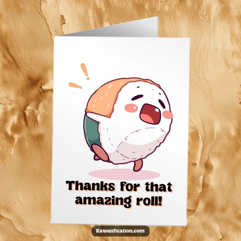 Funny Free Printable Thank You Card: A startled sushi piece performs a comical backflip, saying thanks in a fun way.