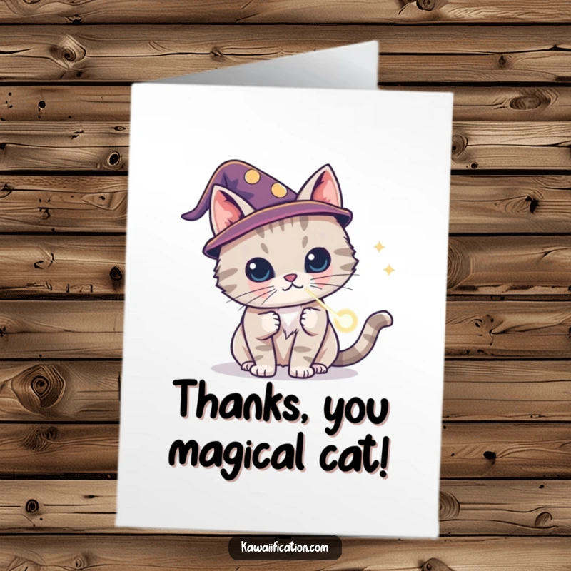 Funny Free Printable Thank You Card: Cat in a wizard hat conjuring a laser dot, offering enchanting thanks.