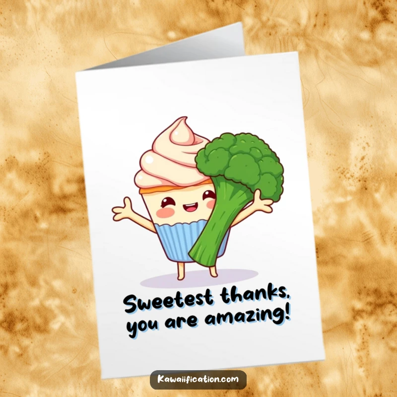 Funny Free Printable Thank You Card: A happy cupcake reaching out to hug a grumpy broccoli, a sweet and funny thank you.