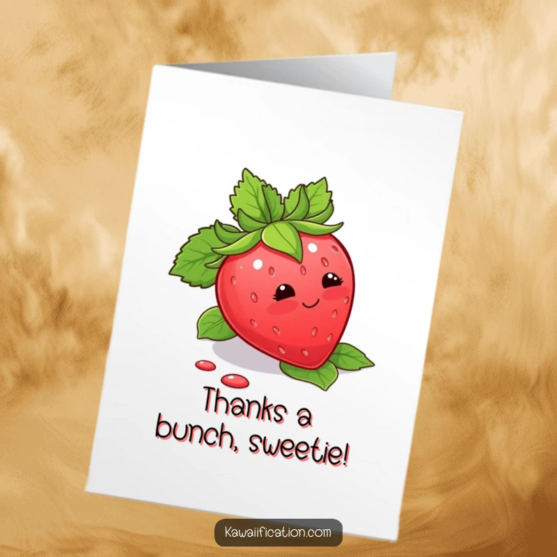Funny Free Printable Thank You Card featuring a blushing strawberry tripping slightly over its leaves, conveying sweet gratitude.