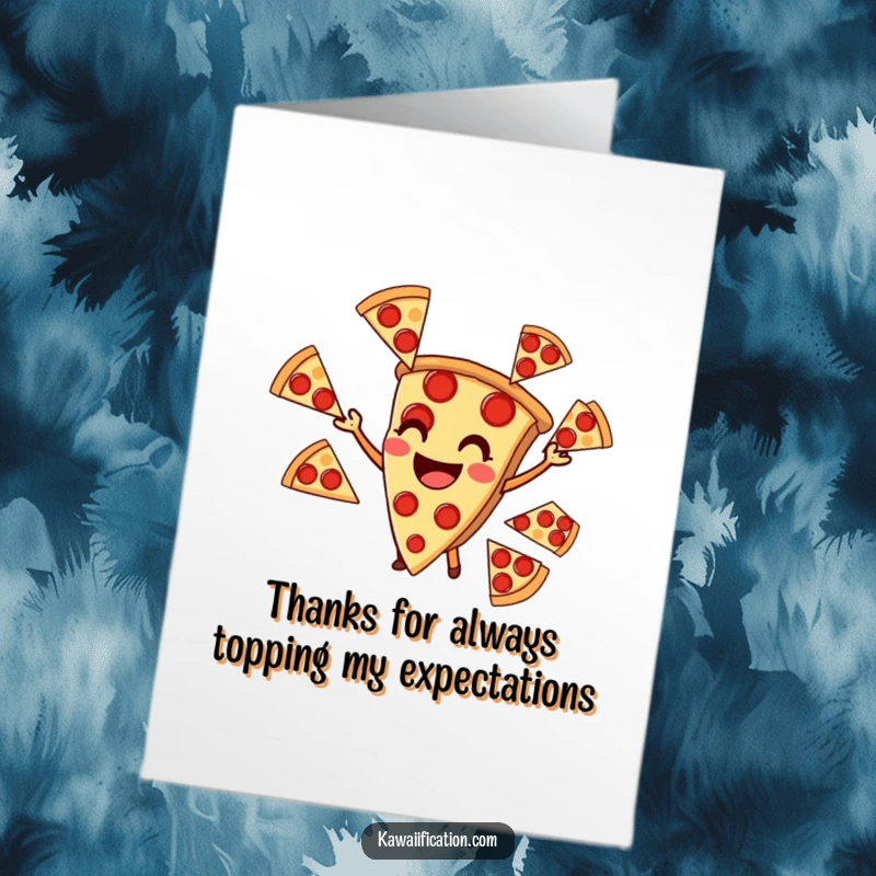Funny free printable thank you card featuring a cheerful pizza slice juggling pepperoni slices, expressing gratitude.