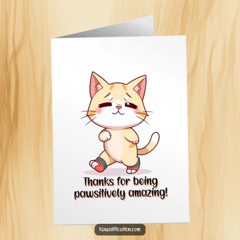 Funny Free Printable Thank You Card: Cat sporting mismatched socks bewilderedly walks backward, showing thanks with humor.