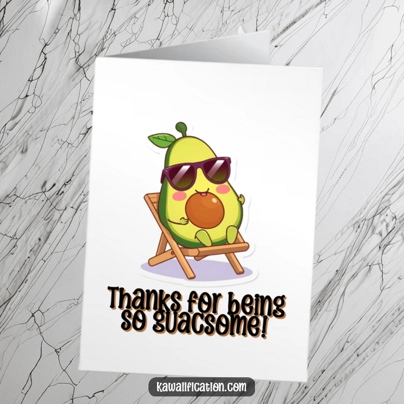 Funny Free Printable Thank You card: a smiling avocado in sunglasses, lounging on a tiny beach chair.