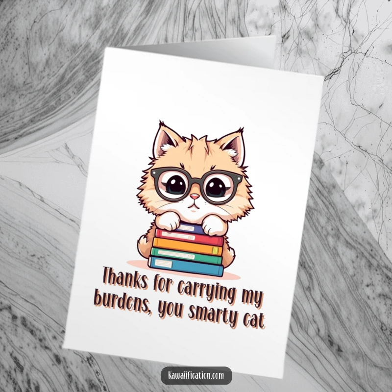 Funny free printable thank you card with a fluffy cat wearing glasses and a stack of books, expressing thanks.