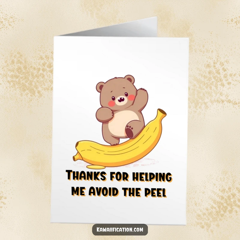 Funny free printable thank you card featuring a plump bear comically attempting to climb a slippery banana peel, offering thanks.