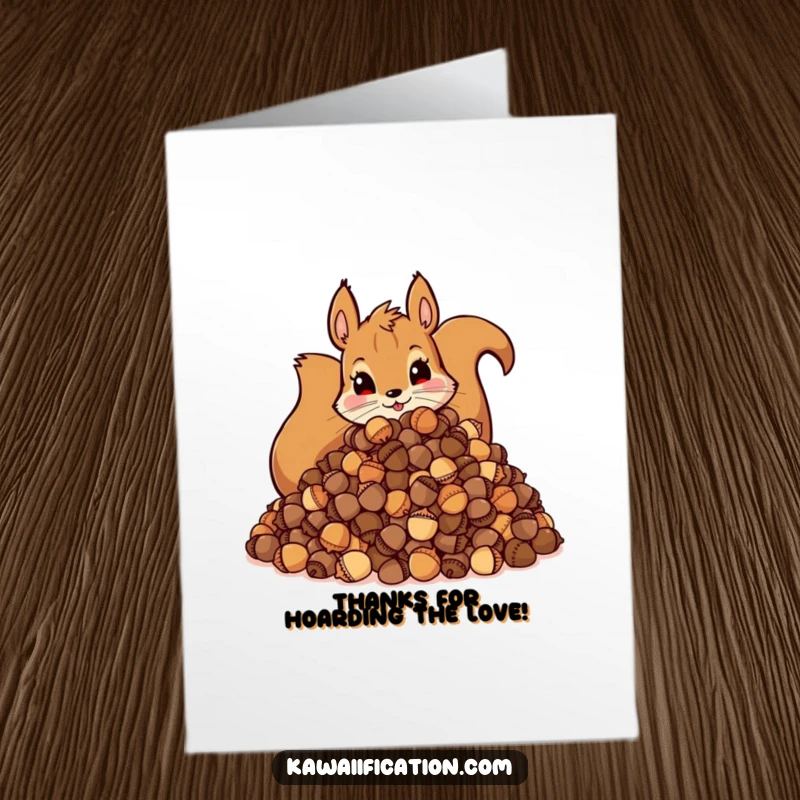 Funny Free Printable Squirrel Thank You Card featuring a mischievous squirrel enthusiastically hoarding acorns.