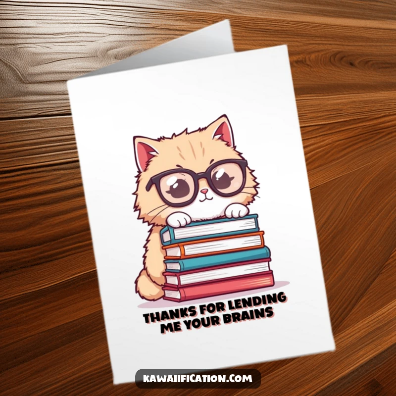 Funny Free Printable Thank You Card: Fluffy cat in glasses balancing books, conveying wise gratitude.