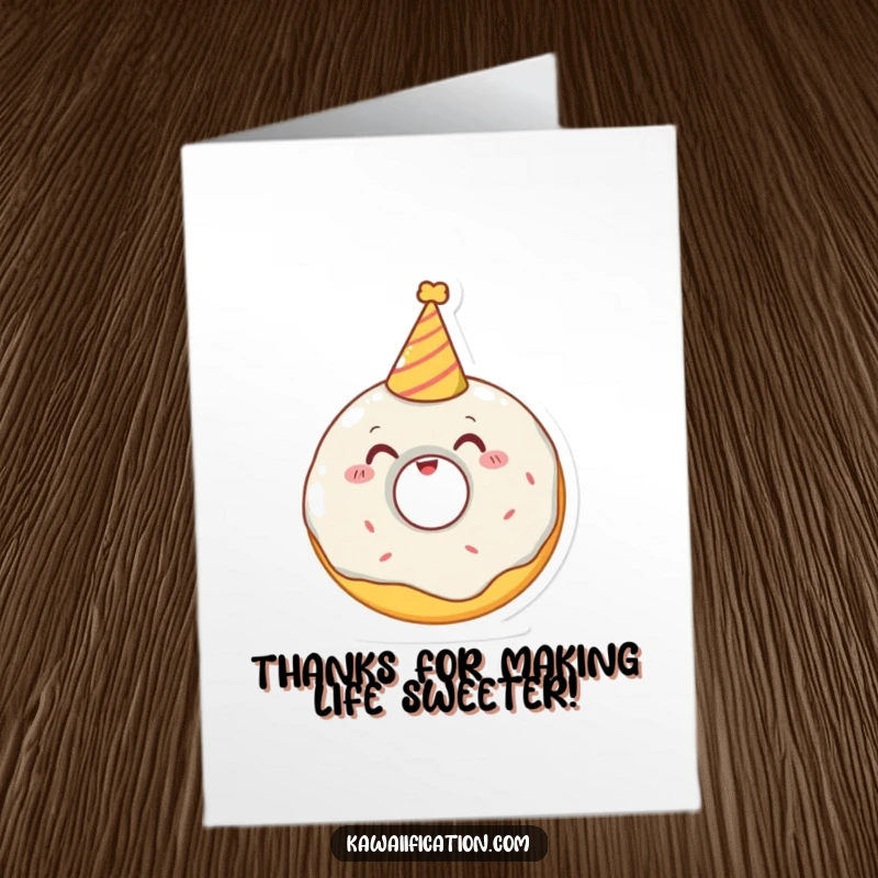 Funny Free Printable Thank You Card: A delighted donut character tries on a tiny party hat, saying thanks.