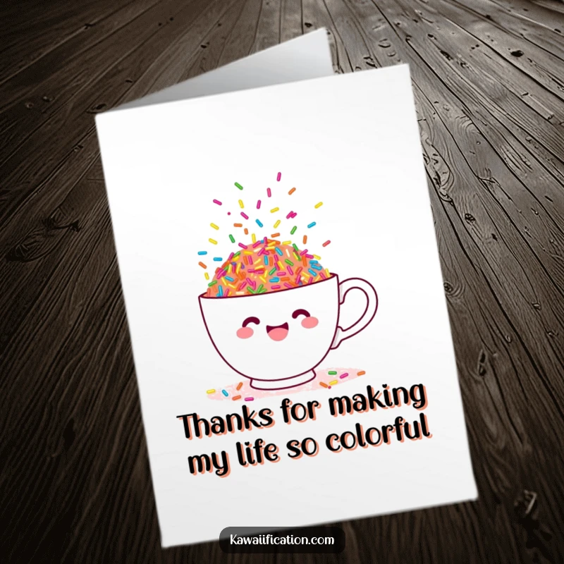 Funny free printable thank you card featuring a teacup overflowing with cheerful, dancing sprinkles, conveying thanks.