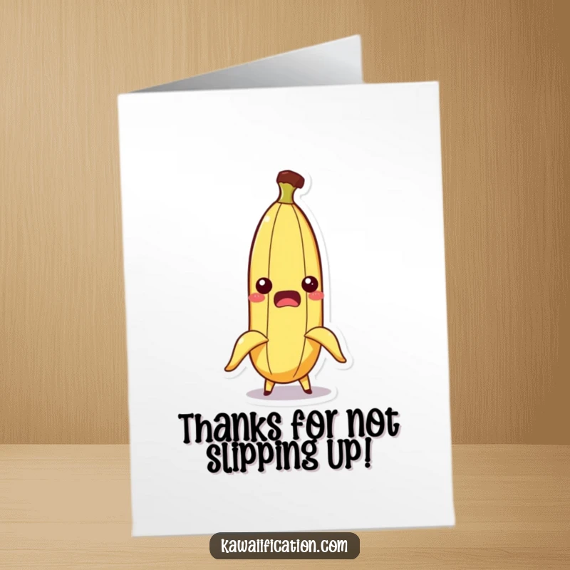 Funny Free Printable Thank You Card: A startled banana character in a comedic slip, peel flying off, a funny thank you.